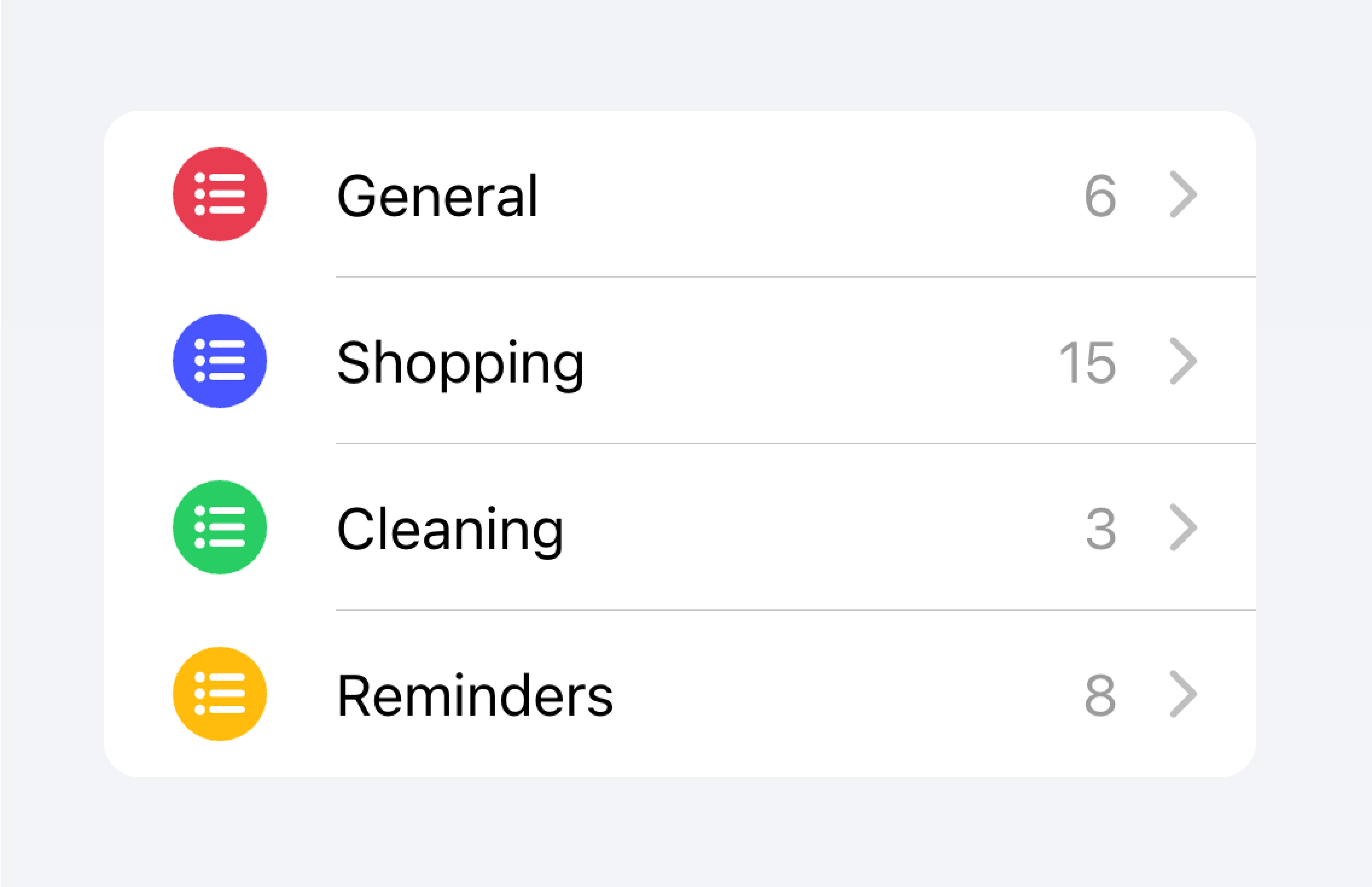 A list that contains several items, each representing a different to-do list. A count of how many tasks in each to-do list is placed at the end of each item.
